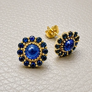 Cabochon Tanzanite and Sapphire Halo Stud Earrings 14kt Yellow Gold