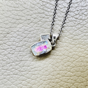 Cushion Rainbow Moonstone And Diamond Pendant Necklace in 14kt White Gold