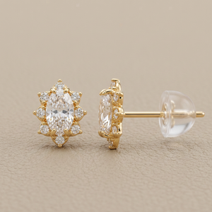 14K Solid Gold Oval Stud Earrings Cubic Zirconia