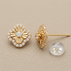 Clover Stud Earrings 14K Solid Gold Cubic Zirconia