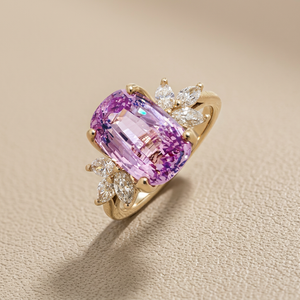 GIA certified unheated pink sapphire diamond engagement ring, 3.02 carat cushion cut, 14kt gold