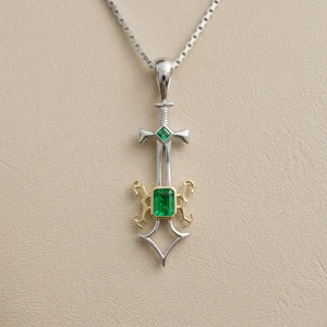 Tsavorite sword pendant necklace 14kt yellow gold sterling silver front view