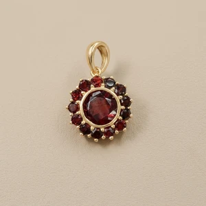 Round garnet halo pendant necklace 14kt yellow gold front view