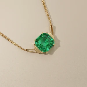 Lab-created Asscher-cut emerald necklace with 21 inch Bismark chain 14kt yellow gold