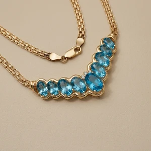 Oval Blue Topaz & Diamond Chevron Necklace