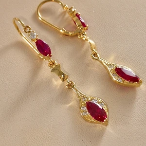 Lab Created Ruby Dangling Earrings 18kt Gold 6.40g