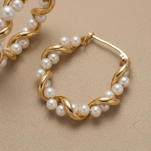 Gold Twisted Hoop Earrings with Pearls 4.35g