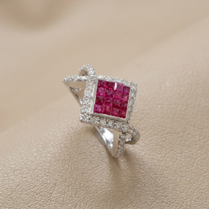 Princess cut ruby diamond cocktail ring invisible setting 0.94tcw 14kt white gold angle