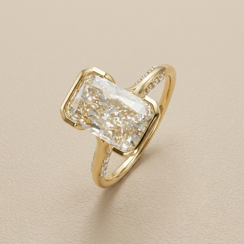 Half-bezel radiant cut lab-grown diamond engagement ring 2.78tcw with hidden diamonds, 14kt yellow gold