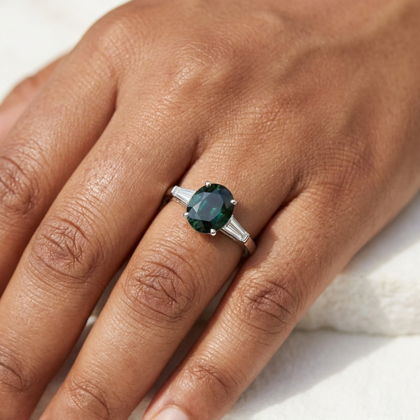 Green Oval Sapphire 3-Stone &mdash; on the hand