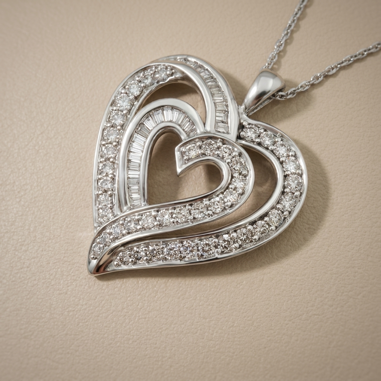 Double Heart Diamond Necklace 0.92tcw, 14k White Gold