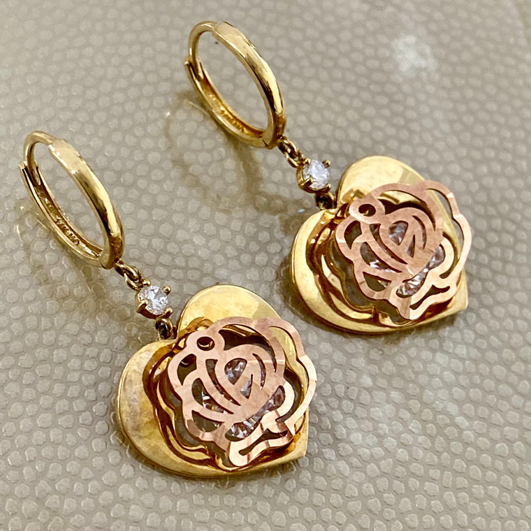 Heart dangling earrings featuring 2.28tcw gemstones, crafted in 14kt yellow and rose gold for a unique and elegant design Treasured & Co.