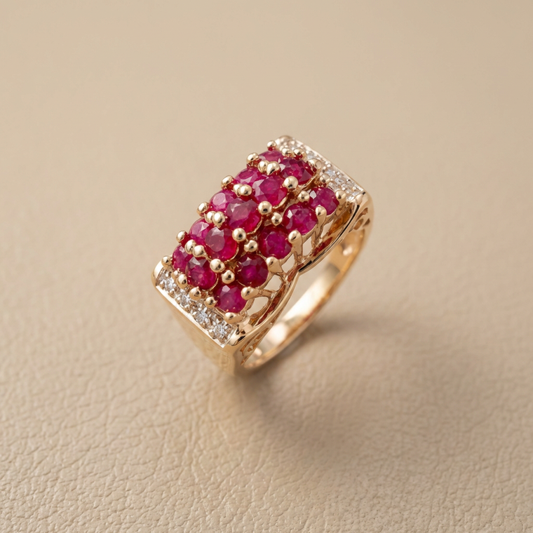Vintage ruby and diamond cocktail ring in 14kt yellow gold, 0.99tcw hero view
