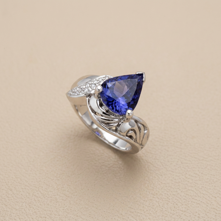 Pear shaped tanzanite and diamond ring in 14kt white gold, 1.79tcw hero view