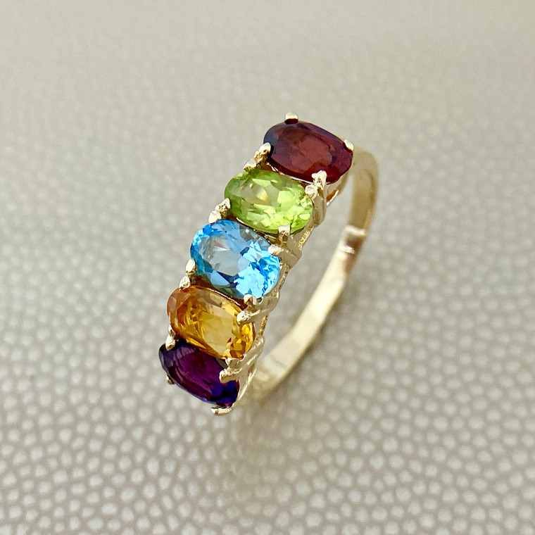 5-stone multi gemstone ring featuring 1.55tcw with amethyst, blue topaz, citrine, peridot, and garnet, set in 14kt gold, a beautiful birthstone ring for women Treasured & Co.