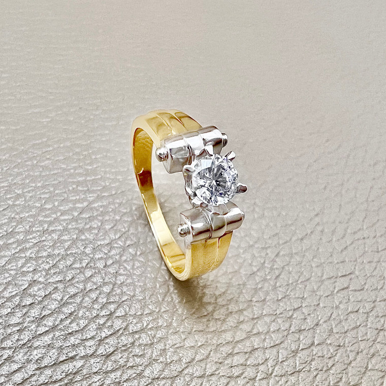 Elegant solitaire fashion promise ring 0.41ct, made in two-tone 14kt white and yellow gold. A unique and meaningful ring for her from Treasured & Co., Astoria.