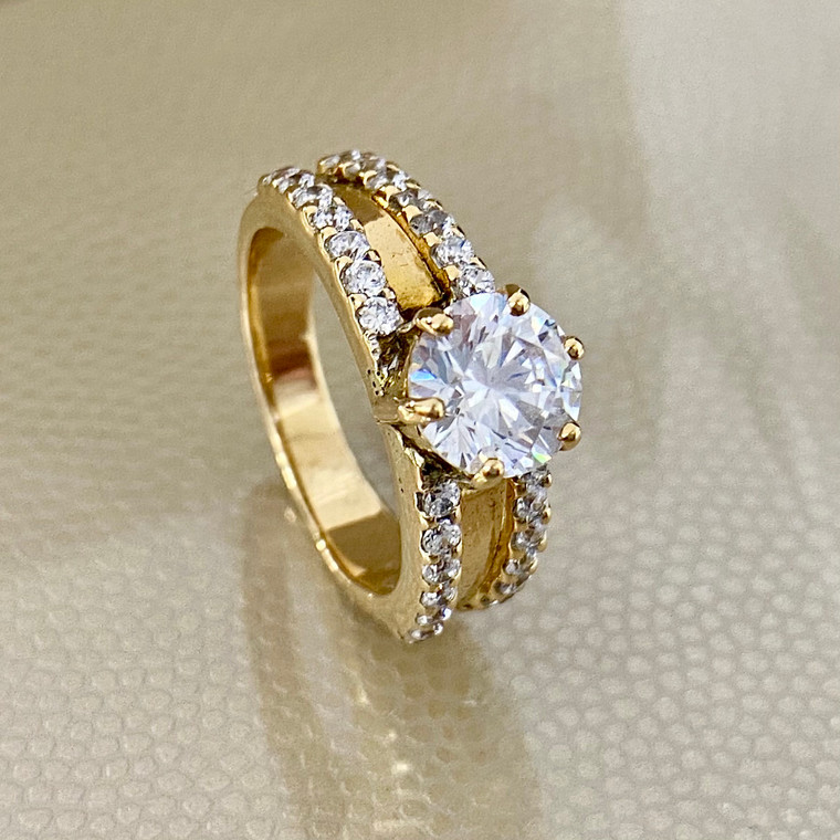 Elegant fashion ring zirconia 2.37tcw, set in 21kt pure gold. A simple statement ring that can also serve as an affordable engagement ring by Treasured & Co., Astoria, New York.