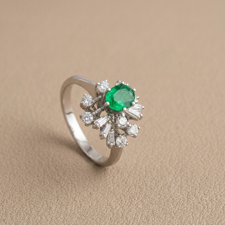 Vintage emerald and diamond starburst ring 1.00tcw 14kt white gold front view