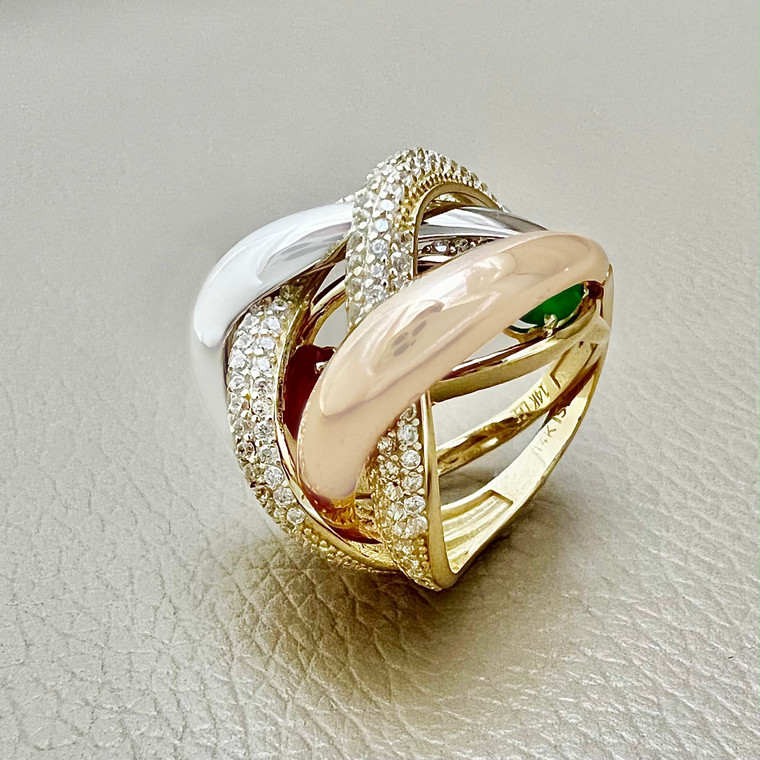 Elegant cocktail gold ring 2.60tcw, made with 14kt yellow and white gold and zirconias. A unique and timeless design for women by Treasured & Co., Astoria.