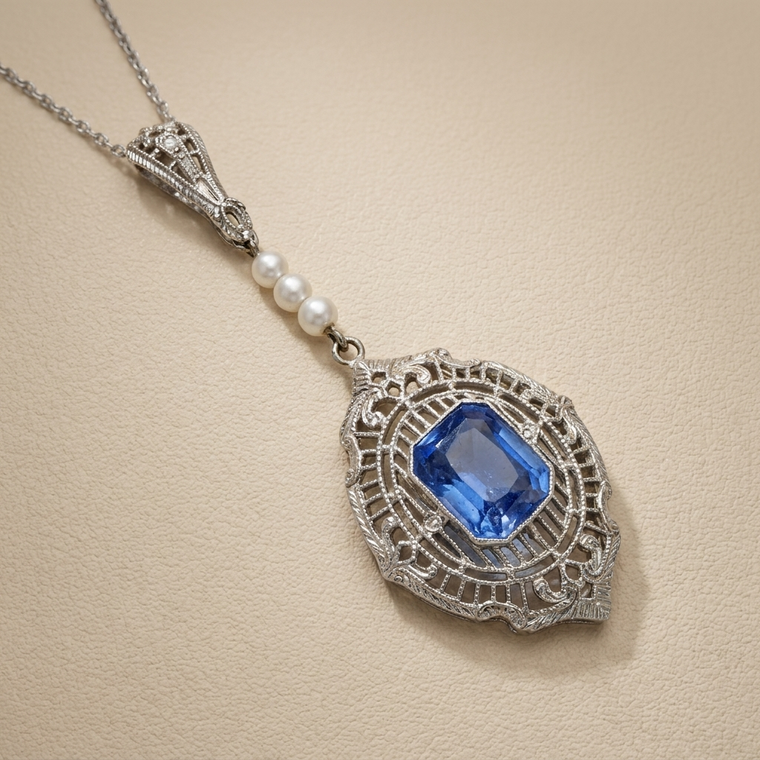 Vintage Tanzanite and Pearl Pendant Necklace 2.00tcw 14kt White Gold