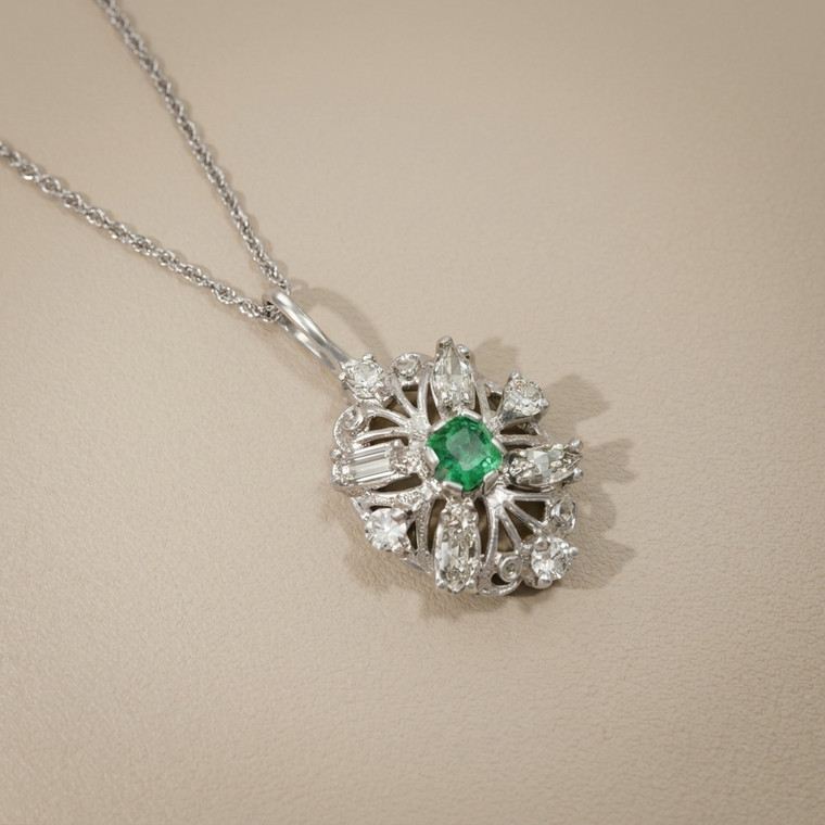 Vintage Emerald White Sapphire Pendant Necklace 0.60tcw