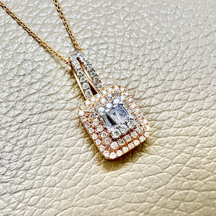 Tapered Baguette & Round Diamond Pendant Necklace 0.60tcw