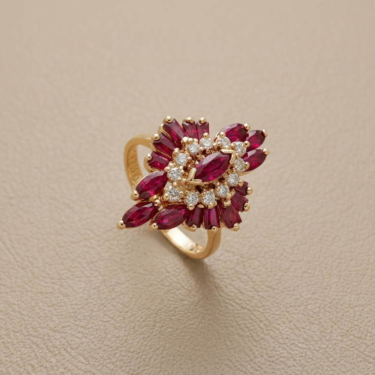 Vintage marquise ruby and diamond cocktail ring in 18kt yellow gold, 1.34tcw hero view