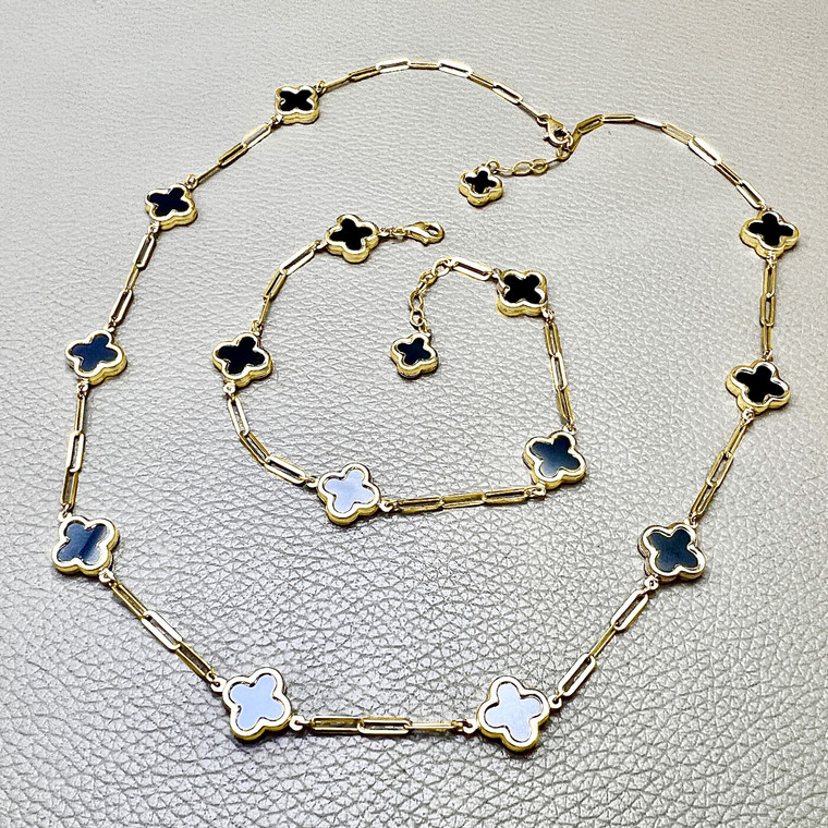 Black Four Leaf Clover Paper Clip Necklace Bracelet Set 14kt Gold