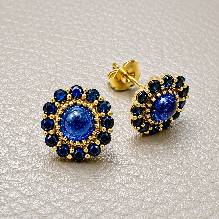 Cabochon Tanzanite and Sapphire Halo Stud Earrings 14kt Yellow Gold