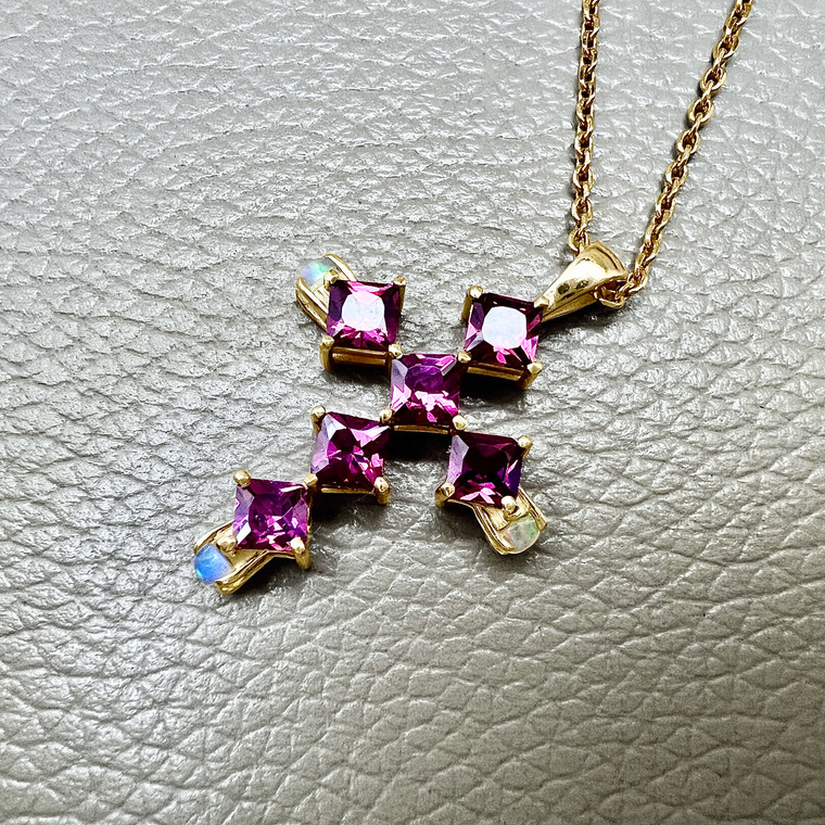 Malaysian Garnet Opal Cross Pendant in 14kt Yellow Gold on an 18'' Chain