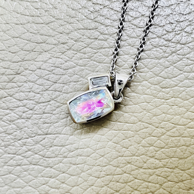 Cushion Rainbow Moonstone And Diamond Pendant Necklace in 14kt White Gold