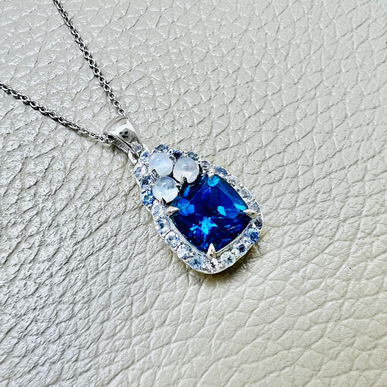 London Blue Topaz and Moonstone Pendant Necklace in 14kt White Gold