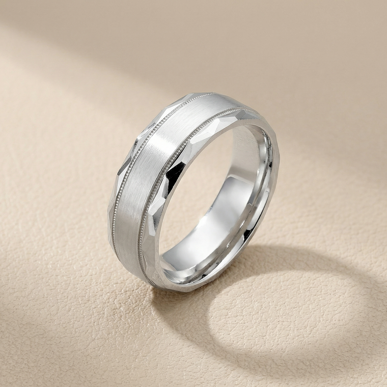 Diamond Cut Beveled Edge Milgrain Wedding Band 8mm