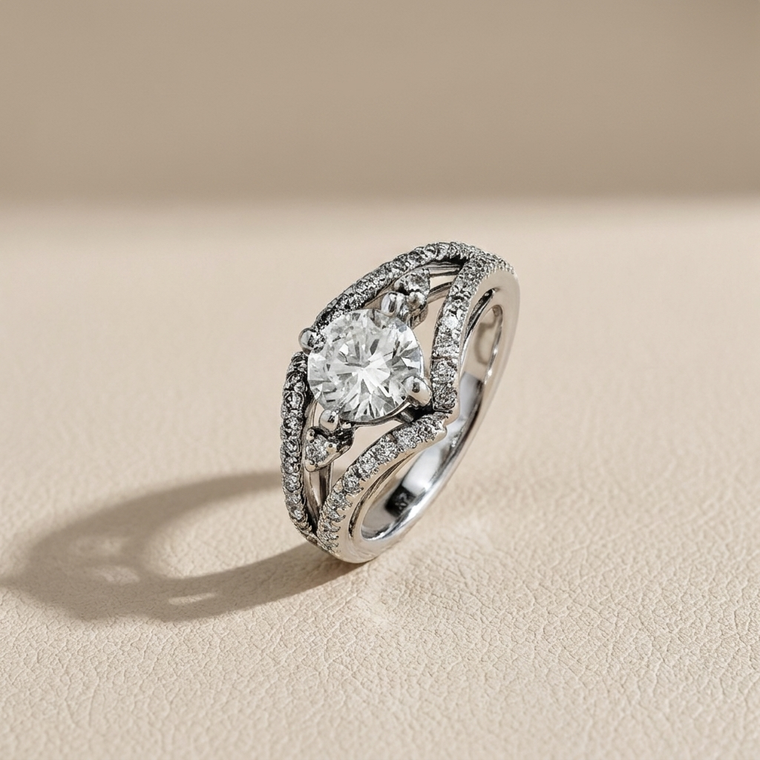 Round-cut diamond engagement ring in split-shank setting — close-up detail