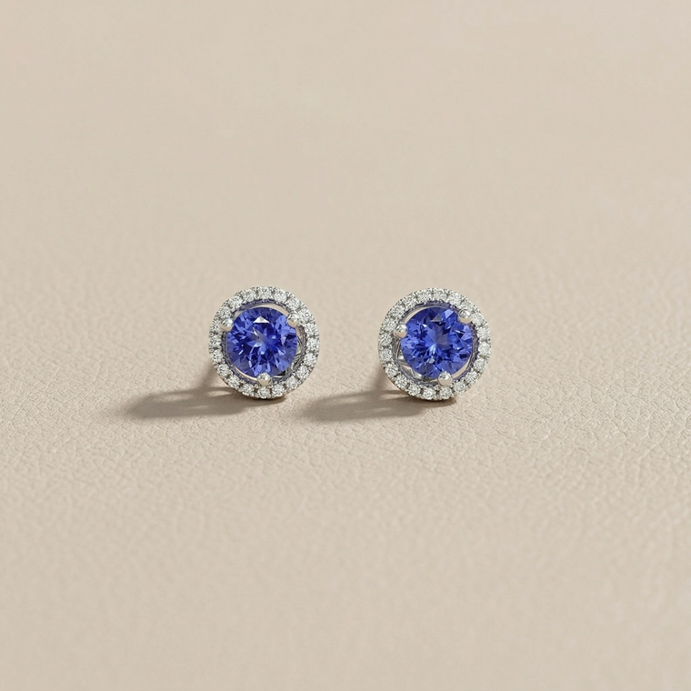 Round tanzanite and diamond halo stud earrings 1.36tcw 14kt white gold pair