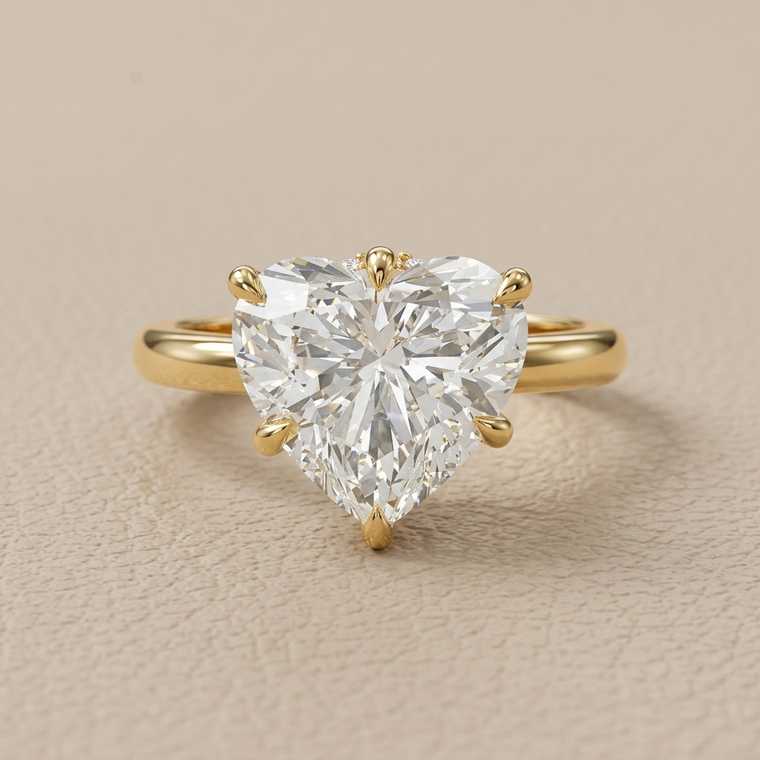 Heart shaped diamond engagement ring lab created 3.09ct yellow gold flat on photo mat