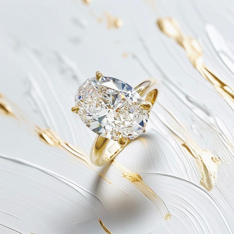 2.5 carat oval shaped lab diamond engagement ring with hidden halo in 14kt yellow gold photographed for Treasured & Co fine jewelry collection Astoria New York