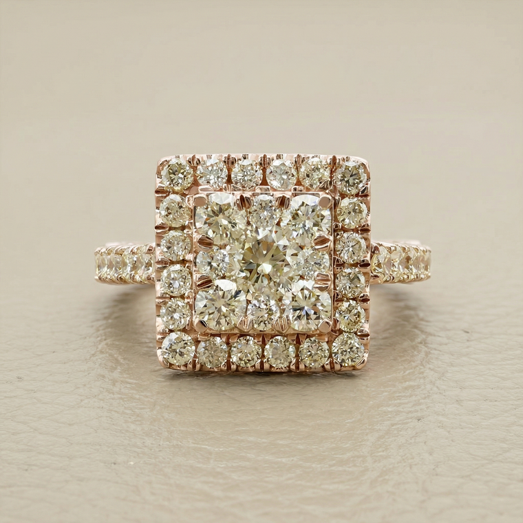 2.75tcw diamond engagement ring in cluster setting in rose gold — three-quarter angle