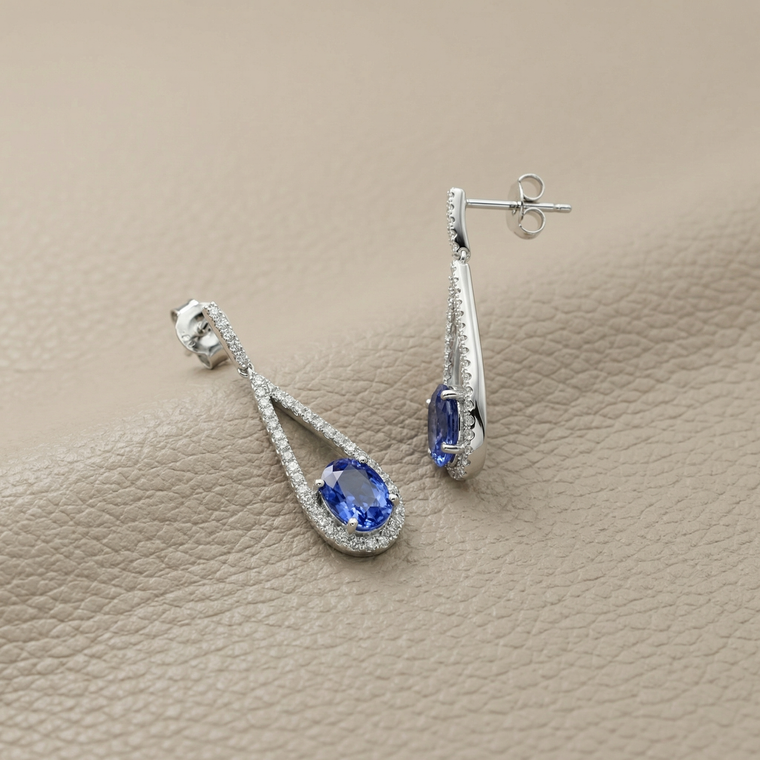 Oval tanzanite and diamond drop earrings 2.00tcw 14kt white gold pair