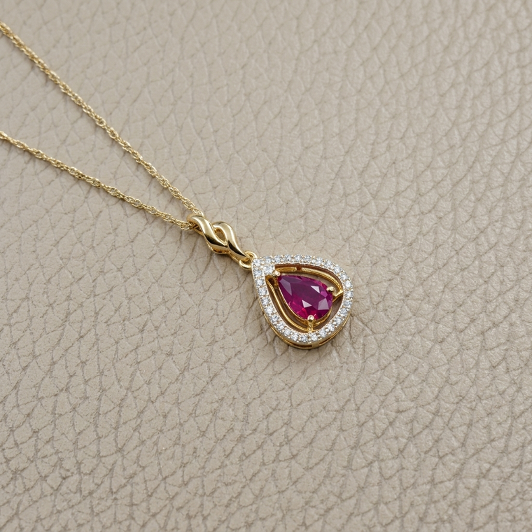 Pear Ruby Diamond Halo Necklace 0.53tcw