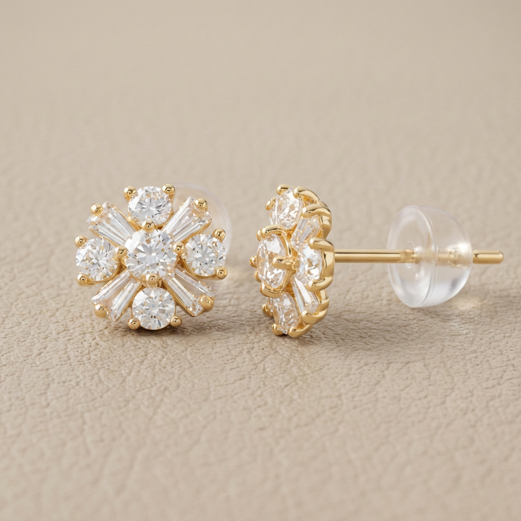 14K Solid Gold Flower Stud Earrings Cubic Zirconia