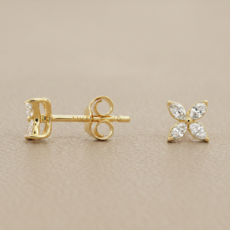 Floral Diamond Stud Earrings Marquise Shape 0.27tcw