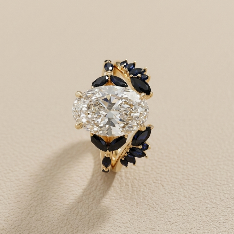 Oval diamond sapphire engagement ring set 14kt yellow gold front view 2.50ct