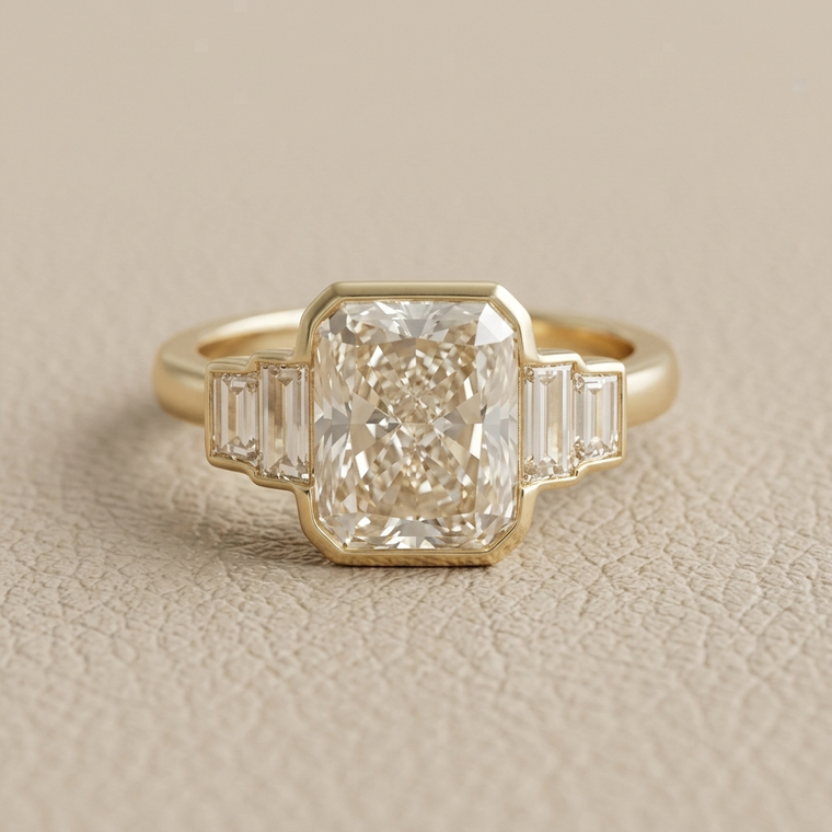 Radiant cut diamond ring with baguettes 14kt yellow gold front view 1.78ct