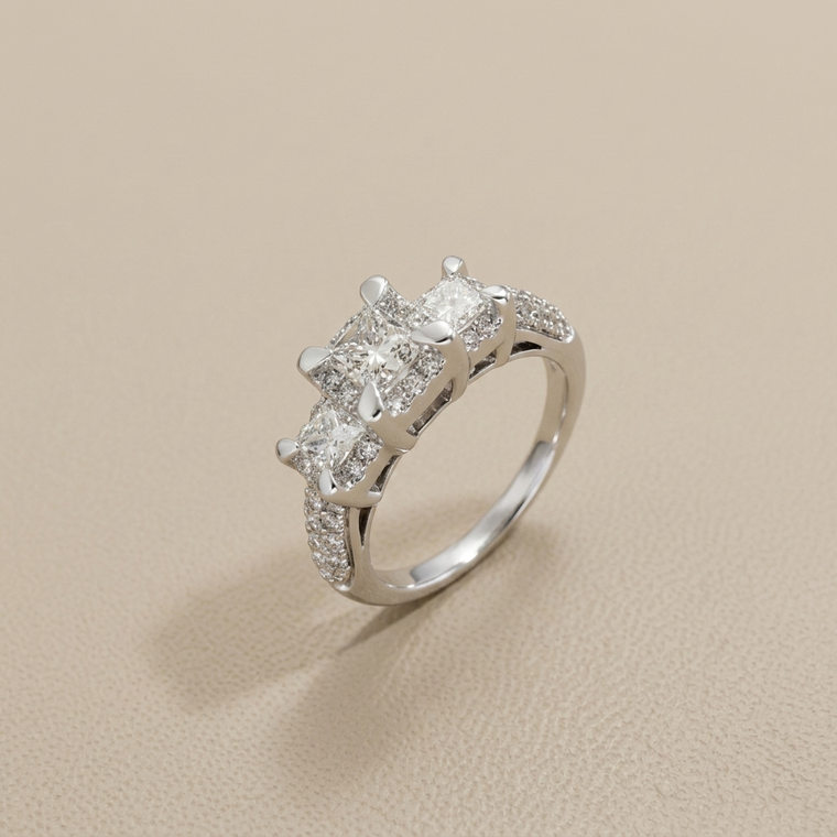 Princess cut halo engagement ring white gold three stone side stones angle view