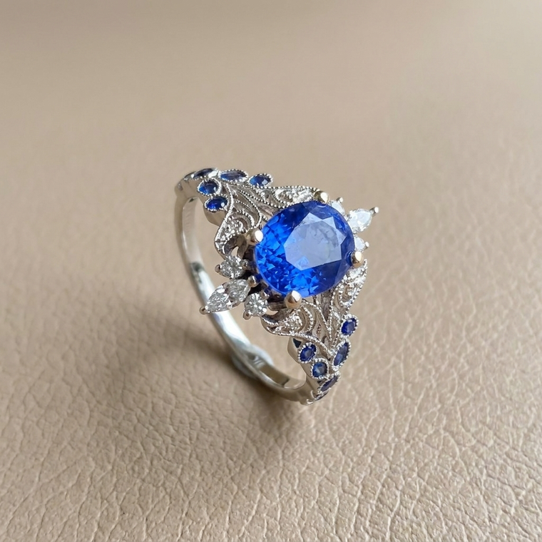 Vintage oval sapphire engagement ring 1.55ct marquise diamond accents 14kt white gold angle