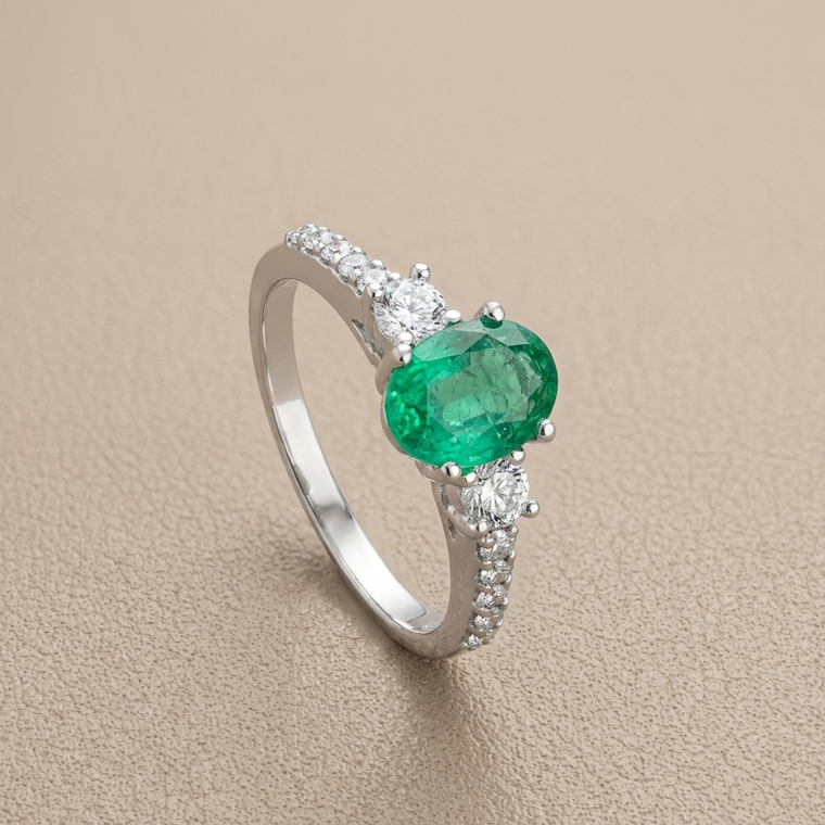 3-Stone Oval Emerald Diamond Ring With Diamond Accent Side Stones 1.55tcw