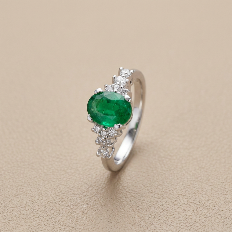 Oval Emerald Diamond Ring With Accent Side Stones 1.45tcw