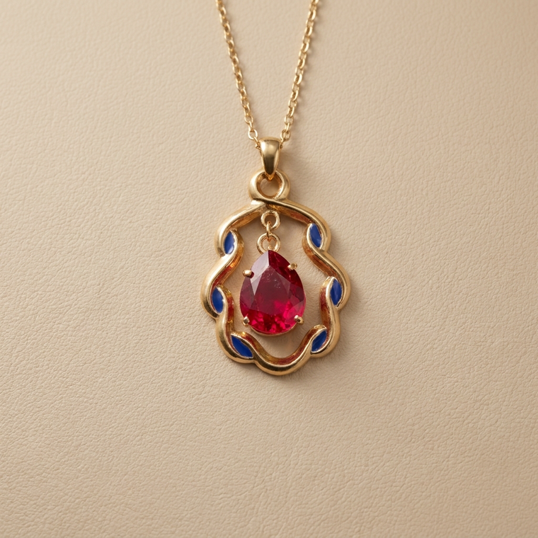 Pear-shape lab-created ruby dangling pendant necklace 2.50tcw 14kt yellow gold front