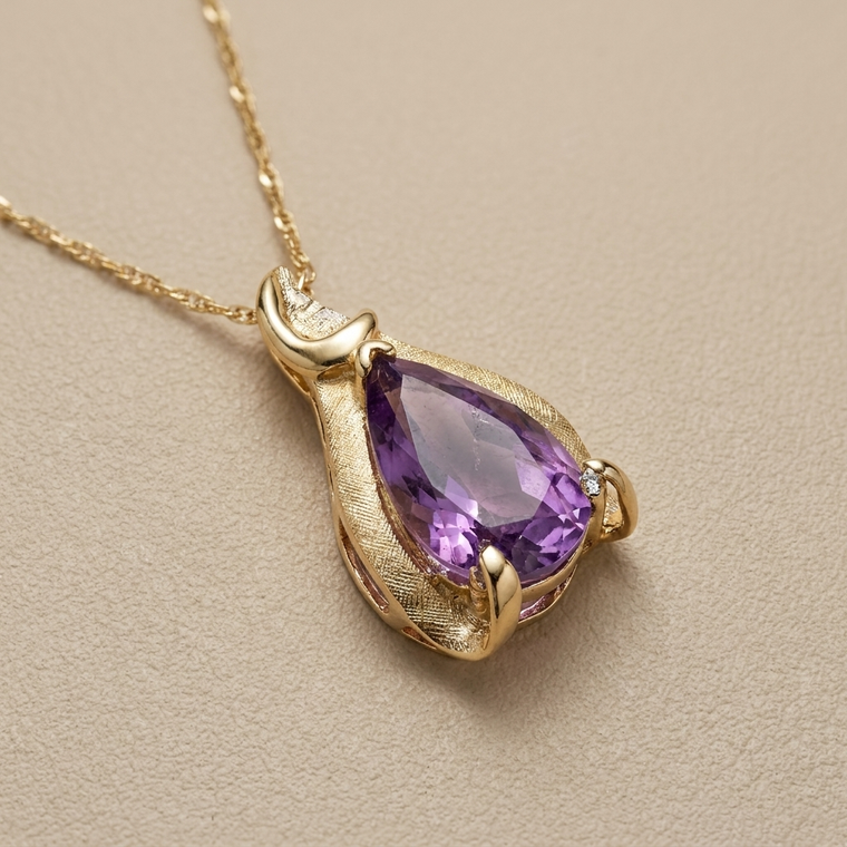 Pear-shape amethyst crescent pendant necklace 3.05tcw 14kt yellow gold front view